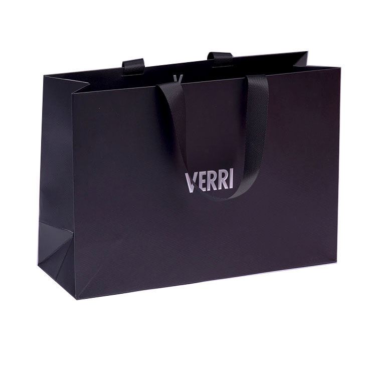 Fancy Standup Custom Logo Black Shopping Paper Bag With Ribbon Handle