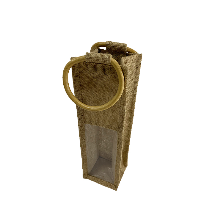 Recycle Hot Selling Heavy Duty Whisky PVC Windows Wine Burlap Packaging Bags With Round Wooden Handles