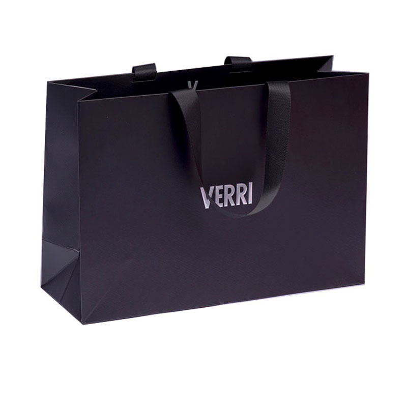Custom Luxury Black Gift Clothes Packing Paper Bag With Ribbon Handle