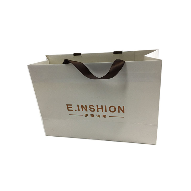 Luxury Custom Hot Foil White Shopping Paper Bag With Ribbon Handle