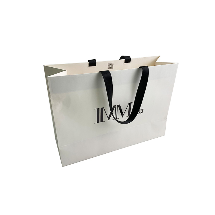 Custom shopping garment packaging white paper bag with ribbon handle